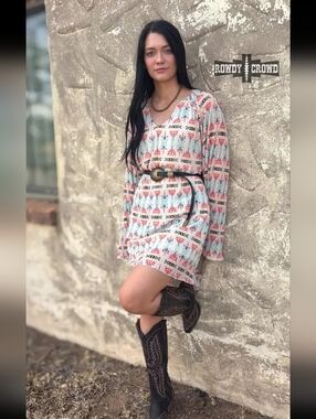 NWT White And Turquoise Western Aztec Patterned Dress